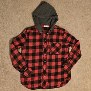 Amazon Red and Black Plaid Hooded Flannel Shirt Shacket